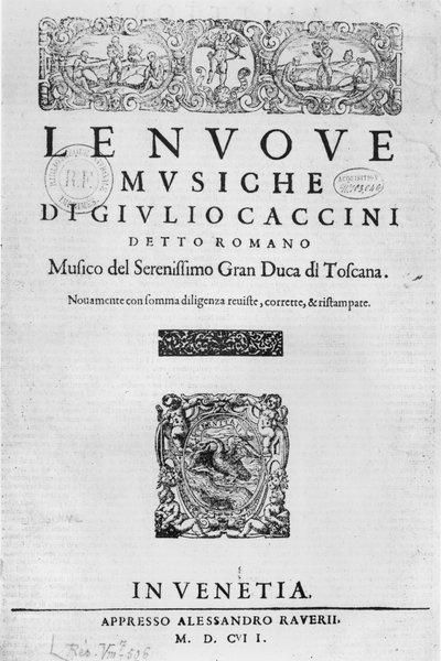 Giulio Caccini（c.1550-1615）1602による「Nouve Musiche」のタイトルページ 作： Italian School